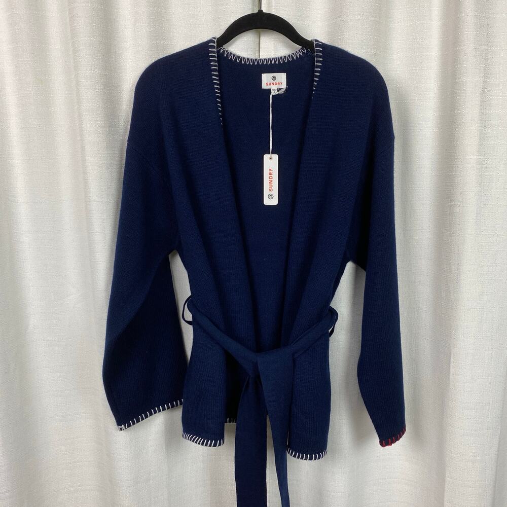 Anthropologie Sundry Navy Blue Wool&Cashmere Tie Waist Sweater Sz.2/US M NWT